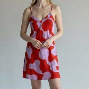 AVA & VIV Dress Women 14 Red Pink Abstract Print Halter Sundress Vacation Mini